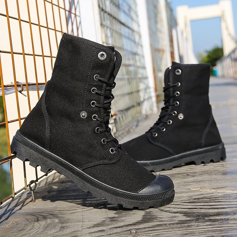 Mænd Udendørs Sko Støvler Tykke Soled High Top Canvas Sko Flanging Sneakers - Sort