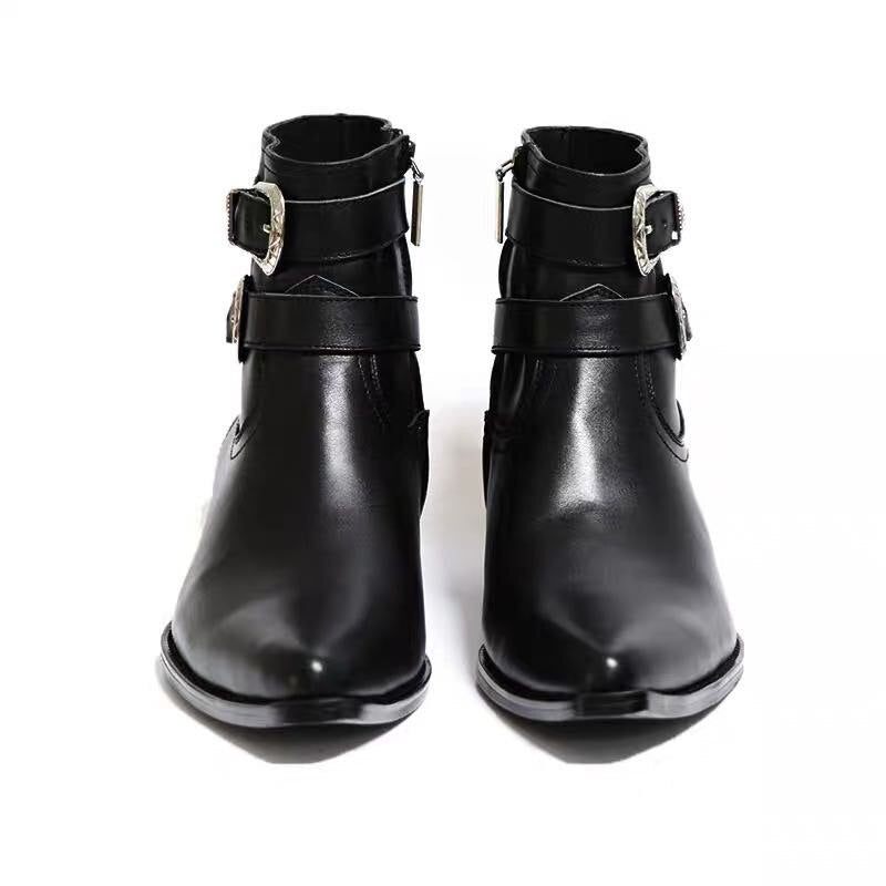 Metal Punk Dobbelt Rem Kile Luksus Mænd Ægte Læderstøvler 5 cm Hæl Tilpasset Håndlavet Slim Fit Chelsea Støvler - Læder