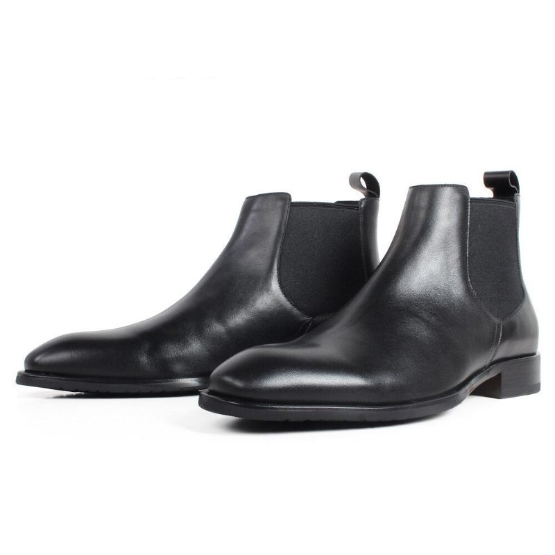 Sort Chelsea Støvler Til Mænd Square Toe Slip-on Flade Håndlavede Læderstøvler Patina Sko - Sort