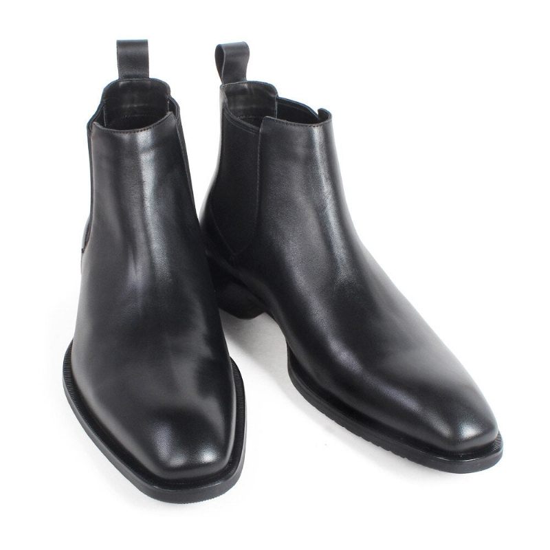 Sort Chelsea Støvler Til Mænd Square Toe Slip-on Flade Håndlavede Læderstøvler Patina Sko - Sort