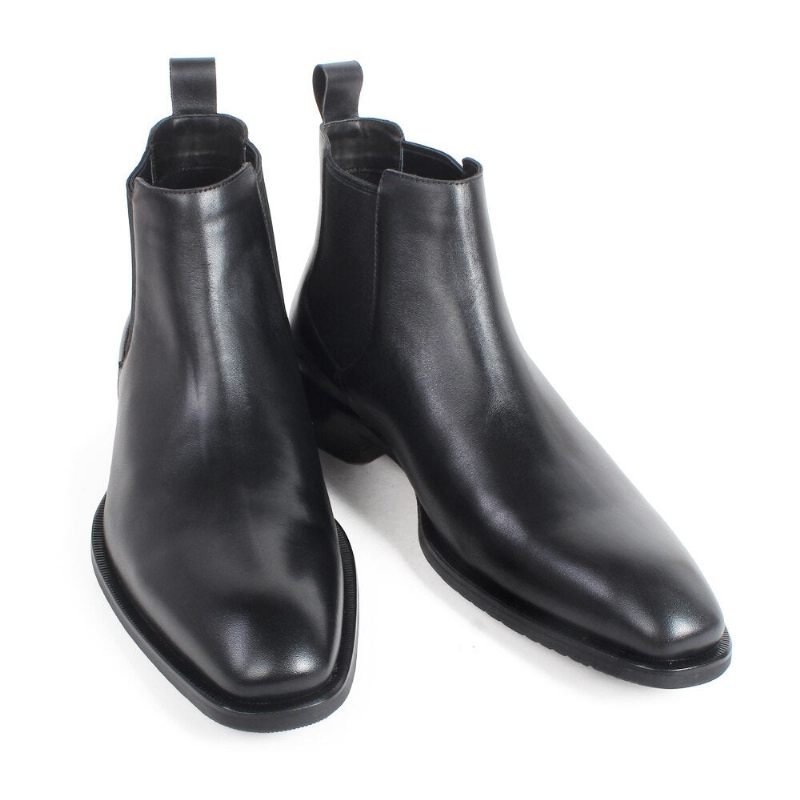 Sort Chelsea Støvler Til Mænd Square Toe Slip-on Flade Håndlavede Læderstøvler Patina Sko - Sort