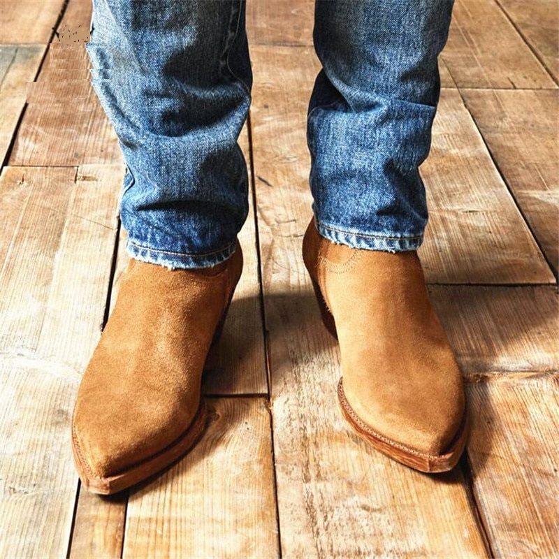 Tåspids 5 cm Kilehæl Man Slip Stram Ruskindslæder Lynlås Ankel Støvler Høj Kvalitet Mænd Denim - Brun