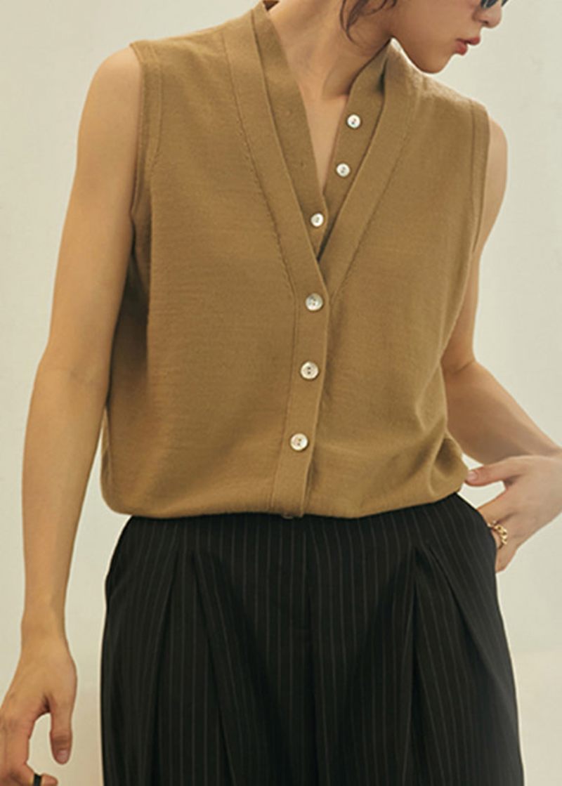 Art Khaki V-hals Solid Tynd Strik Ulden Top Sommer - Khaki