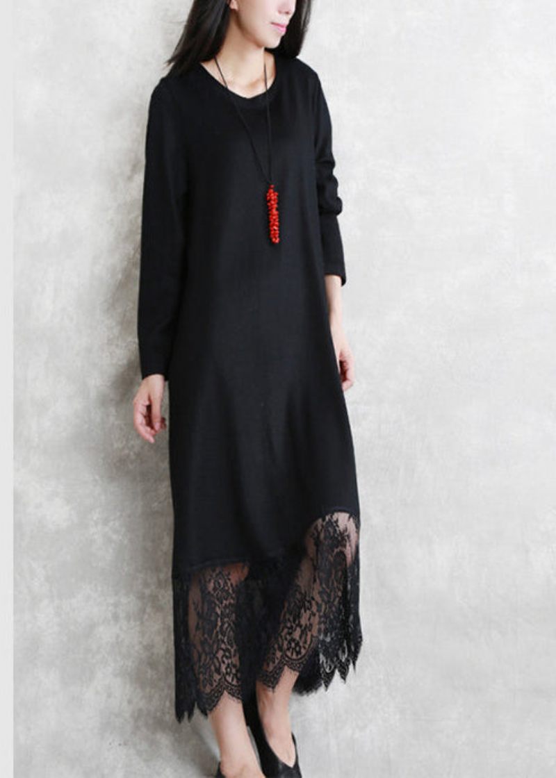 Baggy Sorte Lange Blandede Kjoler I Uld Casual O-hals Patchwork Rejsekjole Elegant Langærmet Blonde Efterårskjole - Dame uldfrakker