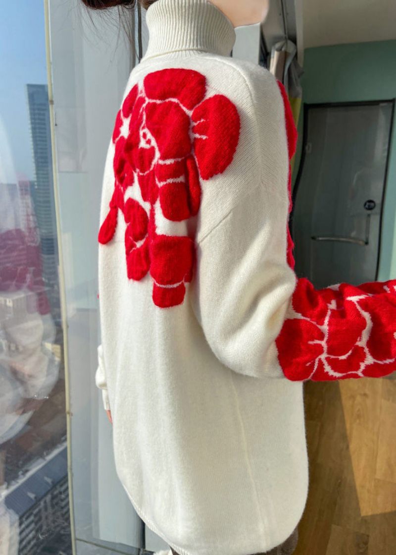 Blomstret Hvid Rullekrave Patchwork Bomuldsstrikkede Skjorter Med Lange Ærmer - Dame uldfrakker