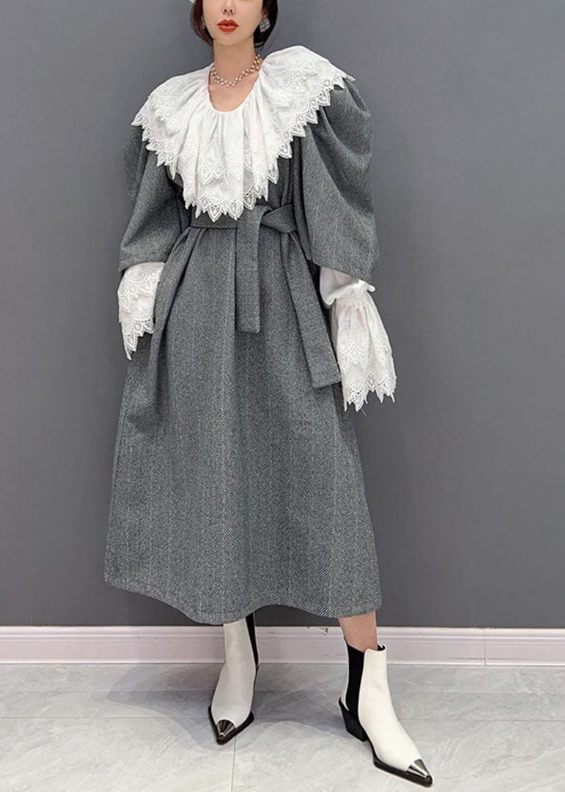 Boho Grå Oversized Ulden Cinch Kjole To Stykker Sæt Spring