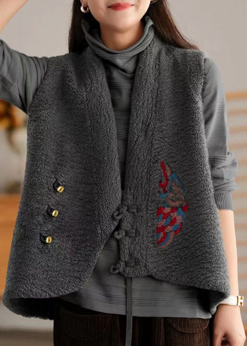 Boho Grå V-hals Kinesisk Knap Patchwork Uldvest Ærmeløs - Dame uldfrakker