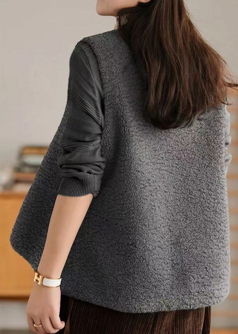 Boho Grå V-hals Kinesisk Knap Patchwork Uldvest Ærmeløs - Dame uldfrakker