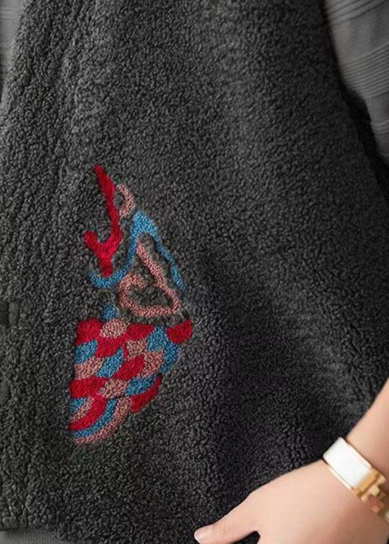 Boho Grå V-hals Kinesisk Knap Patchwork Uldvest Ærmeløs - Dame uldfrakker