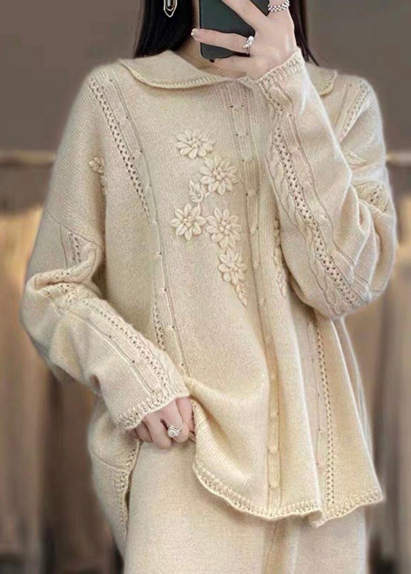 Boutique Beige Peter Pan Krave Flæsede Patchwork Blomster Uld Strik Trøjer Forår