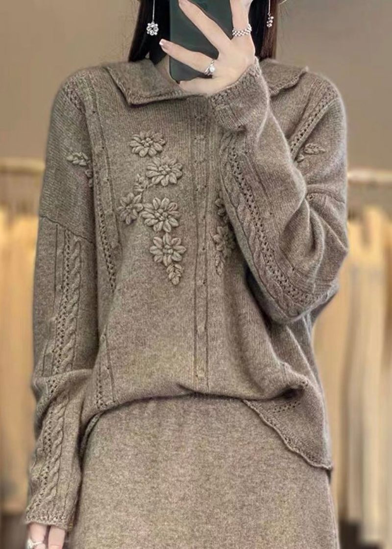 Boutique Beige Peter Pan Krave Flæsede Patchwork Blomster Uld Strik Trøjer Forår - Beige