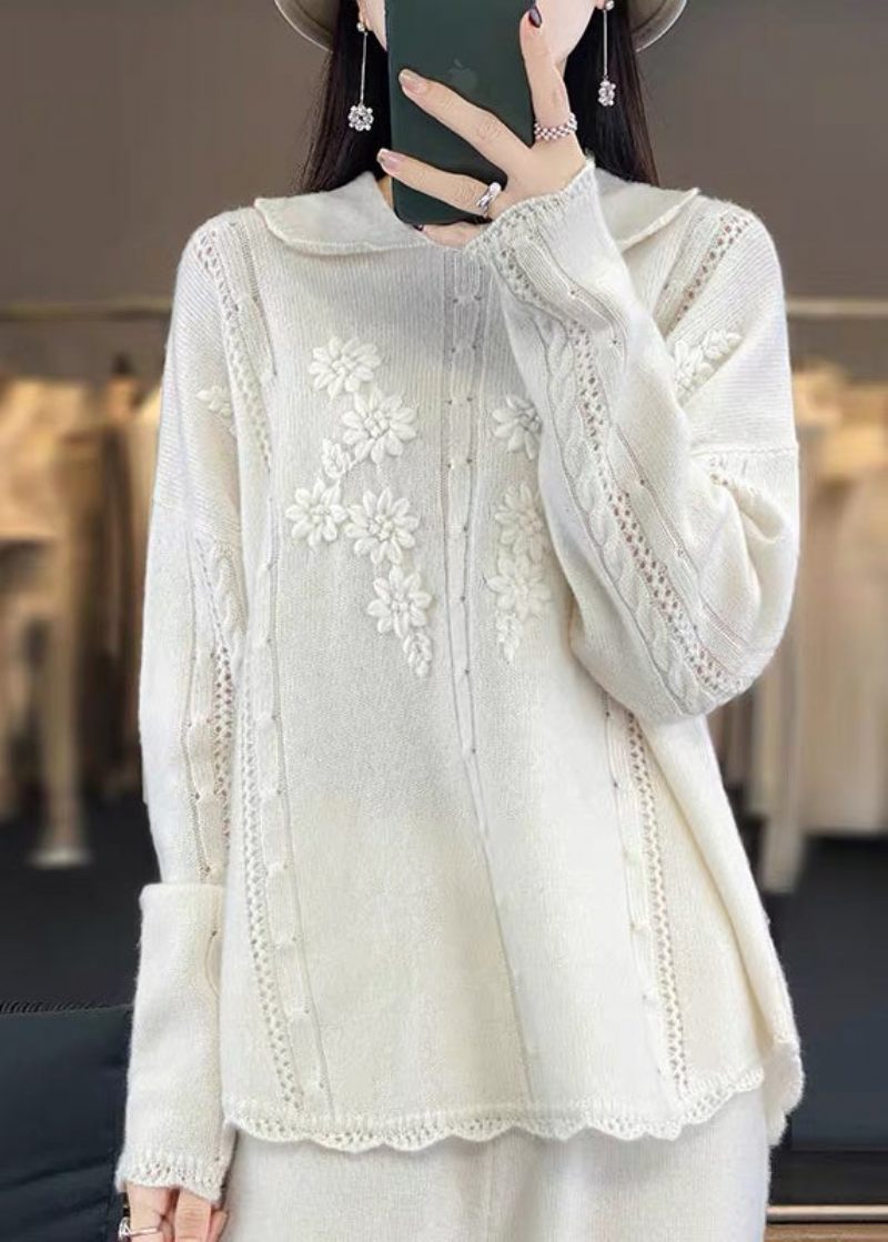 Boutique Beige Peter Pan Krave Flæsede Patchwork Blomster Uld Strik Trøjer Forår - Beige