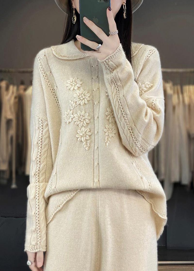 Boutique Beige Peter Pan Krave Flæsede Patchwork Blomster Uld Strik Trøjer Forår - Beige
