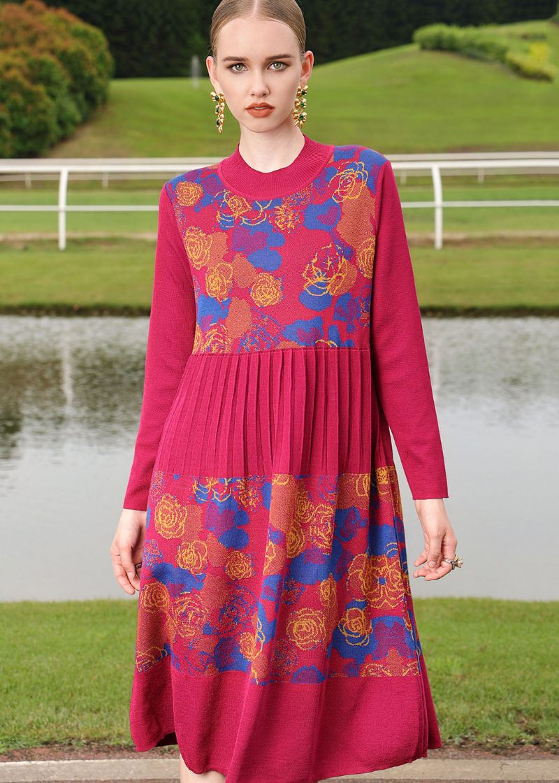 Boutique Mulberry O-hals Print Rynket Uld Strik Sweater Lang Kjole Efterår - Dame uldfrakker