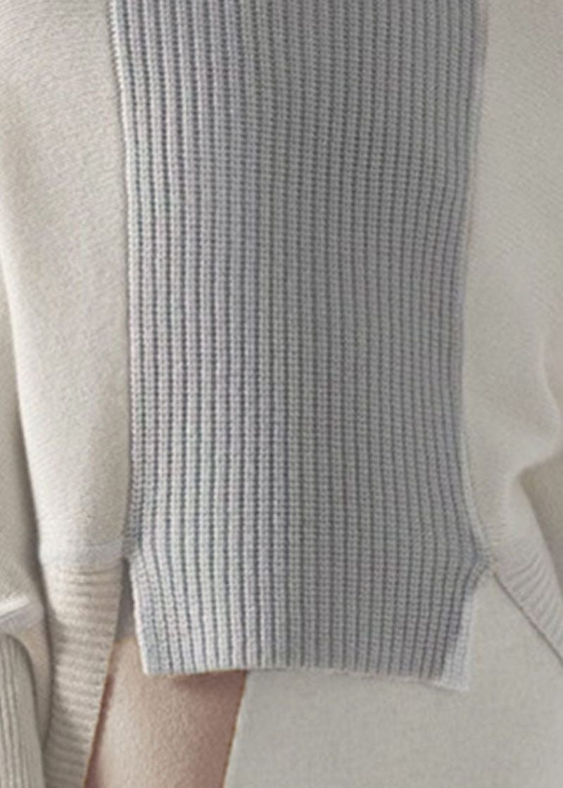 Chic Hvid Højhalset Asymmetrisk Patchwork Uldstrikket Pullover Vinter - Dame uldfrakker