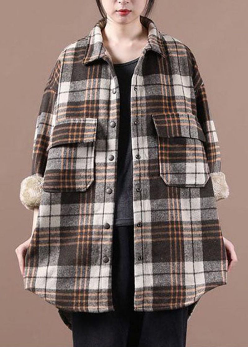 Chokolade Plaid Fleece Uld Foret Outwear Peter Pan Krave Vinter - Sort