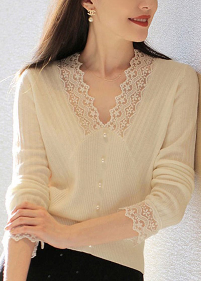 Diy Sort V-hals Negleperle Blonder Patchwork Ulden Top Langærmet - Sort