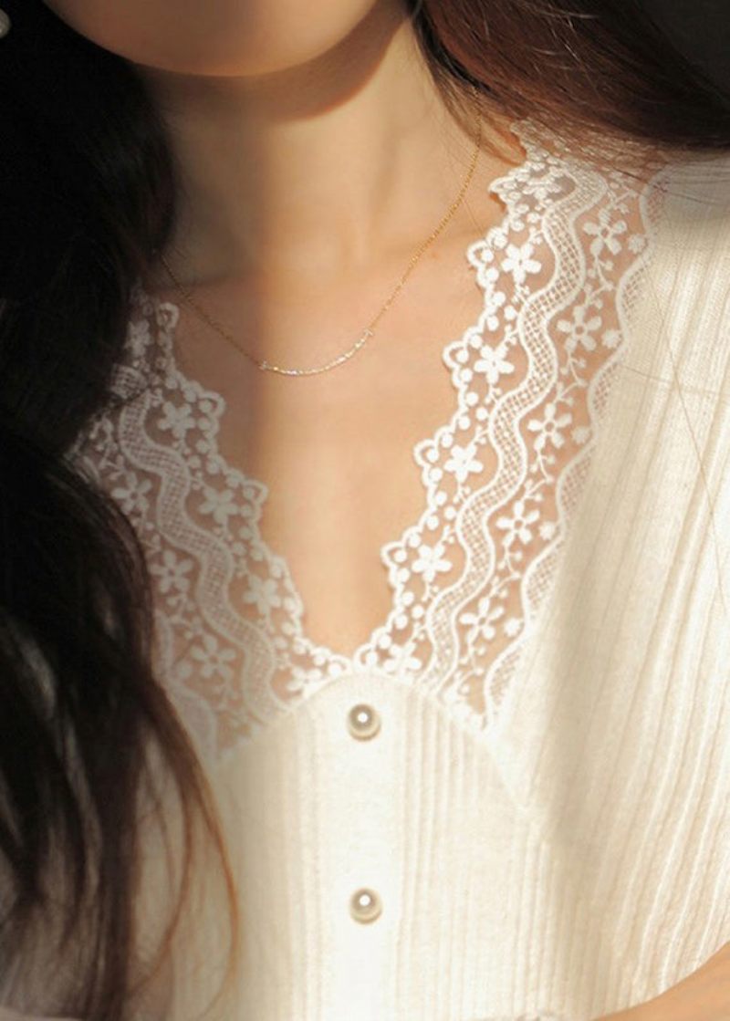 Diy Sort V-hals Negleperle Blonder Patchwork Ulden Top Langærmet - Sort