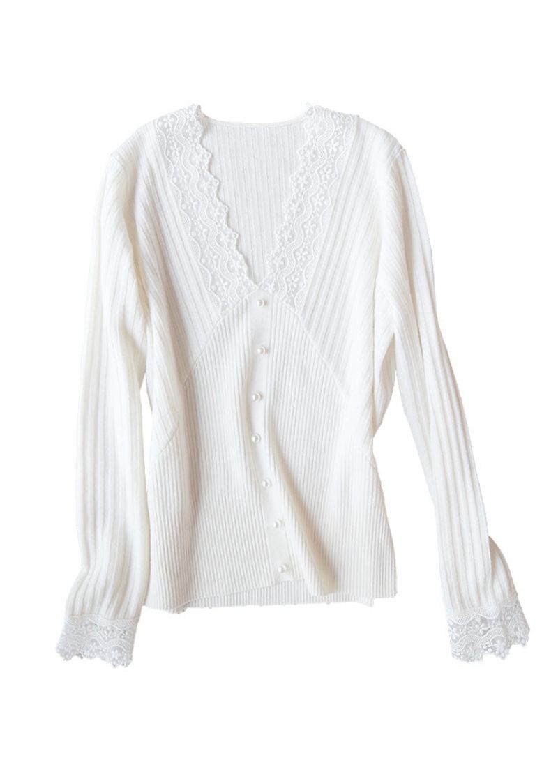 Diy Sort V-hals Negleperle Blonder Patchwork Ulden Top Langærmet - Sort