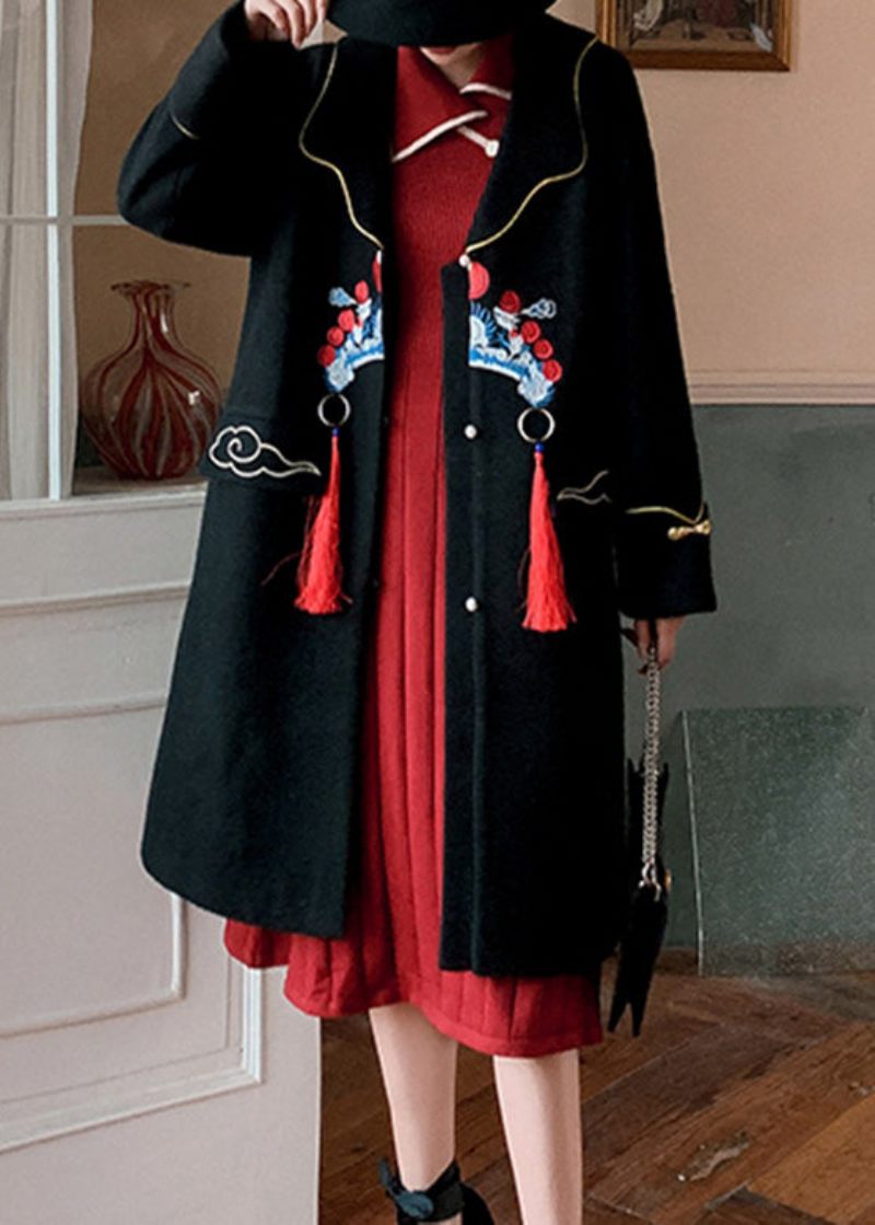Diy Sorte Notched Broderede Knap Ulden Trenchcoats Vinter - Dame uldfrakker