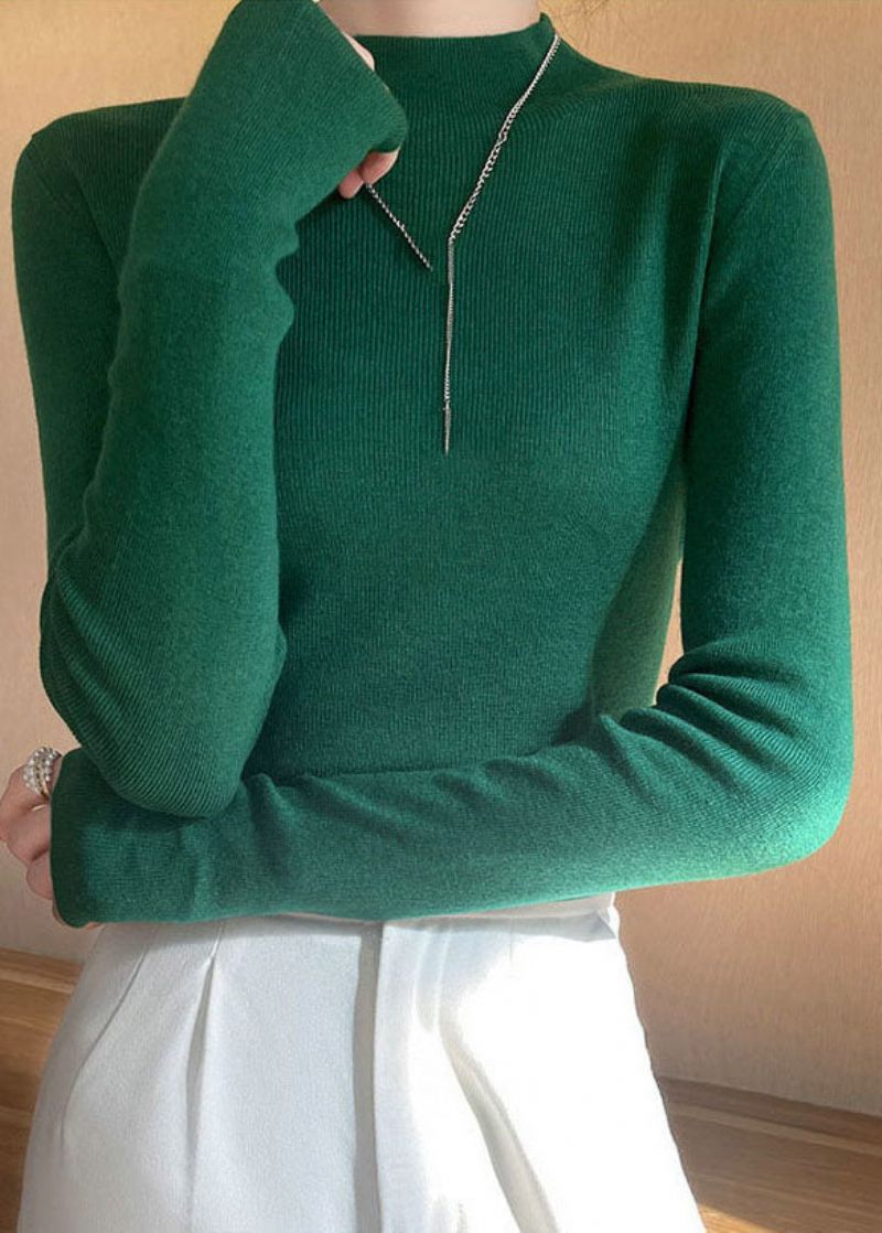Fransk Grøn Højhalset Slim Fit Uldstriktrøjer Forår - Dame uldfrakker