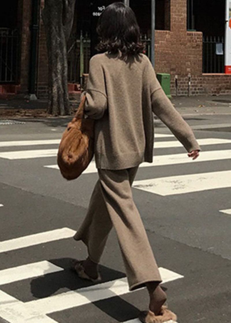 Fransk Khaki Høj Hals Oversized Uld Strik To Stykker Sæt Forår - Dame uldfrakker