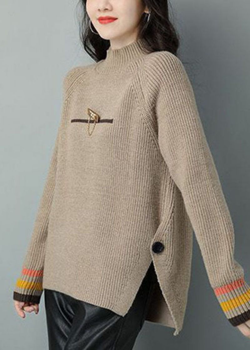 Fransk Khaki Højhalset Tyk Uld Kort Sweater Vinter - Dame uldfrakker