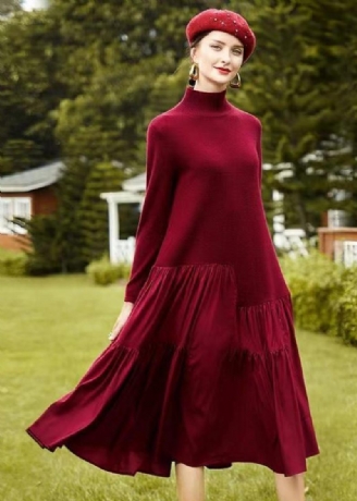 Fransk Mulberry Hign Neck Rynket Patchwork Ulden Kjole Vinter