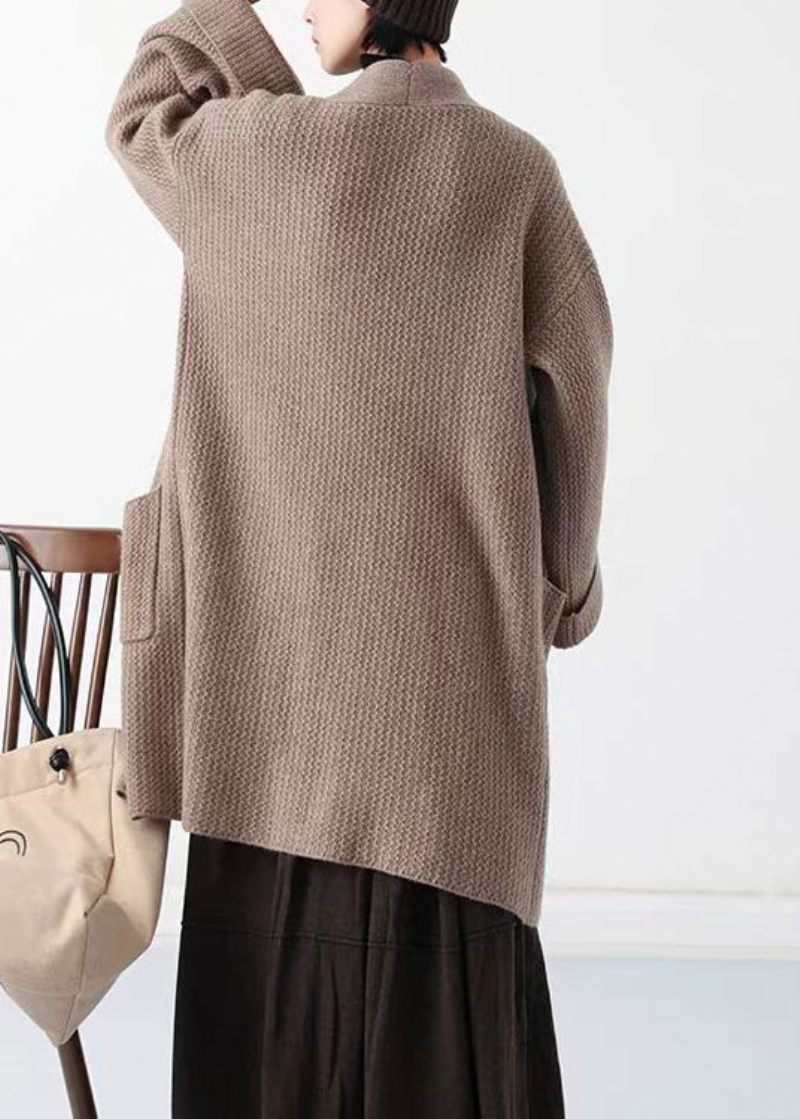 Håndlavede Hyggelige Khaki V-hals Uldne Cardigans Forår - Dame uldfrakker