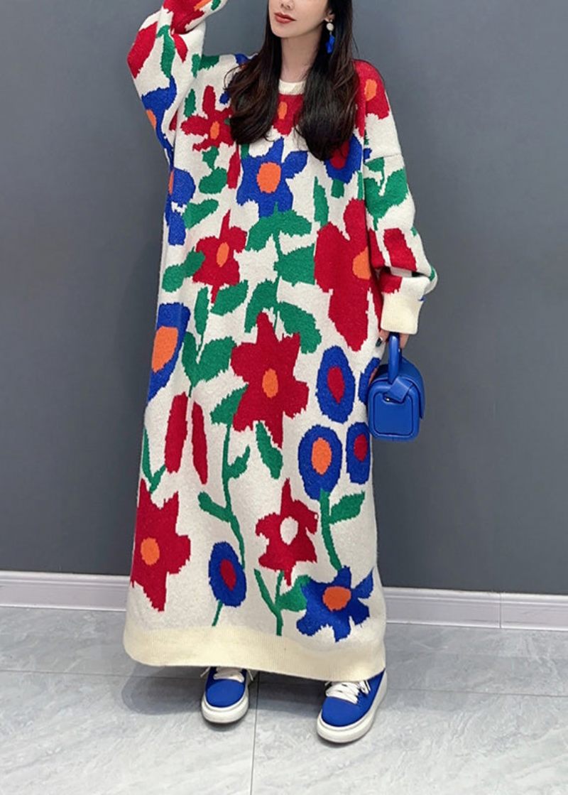 Hvid Stilfuld Ulden Lang Strikkjole O-hals Jacquard Spring - Dame uldfrakker