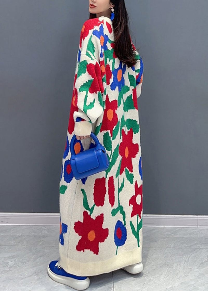 Hvid Stilfuld Ulden Lang Strikkjole O-hals Jacquard Spring - Dame uldfrakker