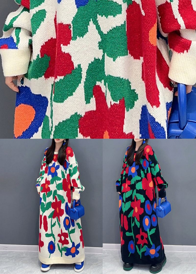 Hvid Stilfuld Ulden Lang Strikkjole O-hals Jacquard Spring - Dame uldfrakker