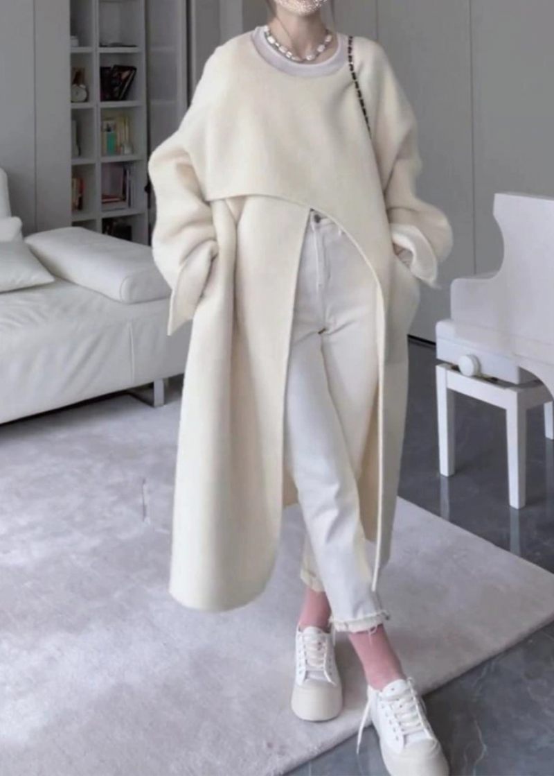 Italiensk Beige Asymmetriske Lommer Side Open Oversized Woolen Coat Spring - Dame uldfrakker