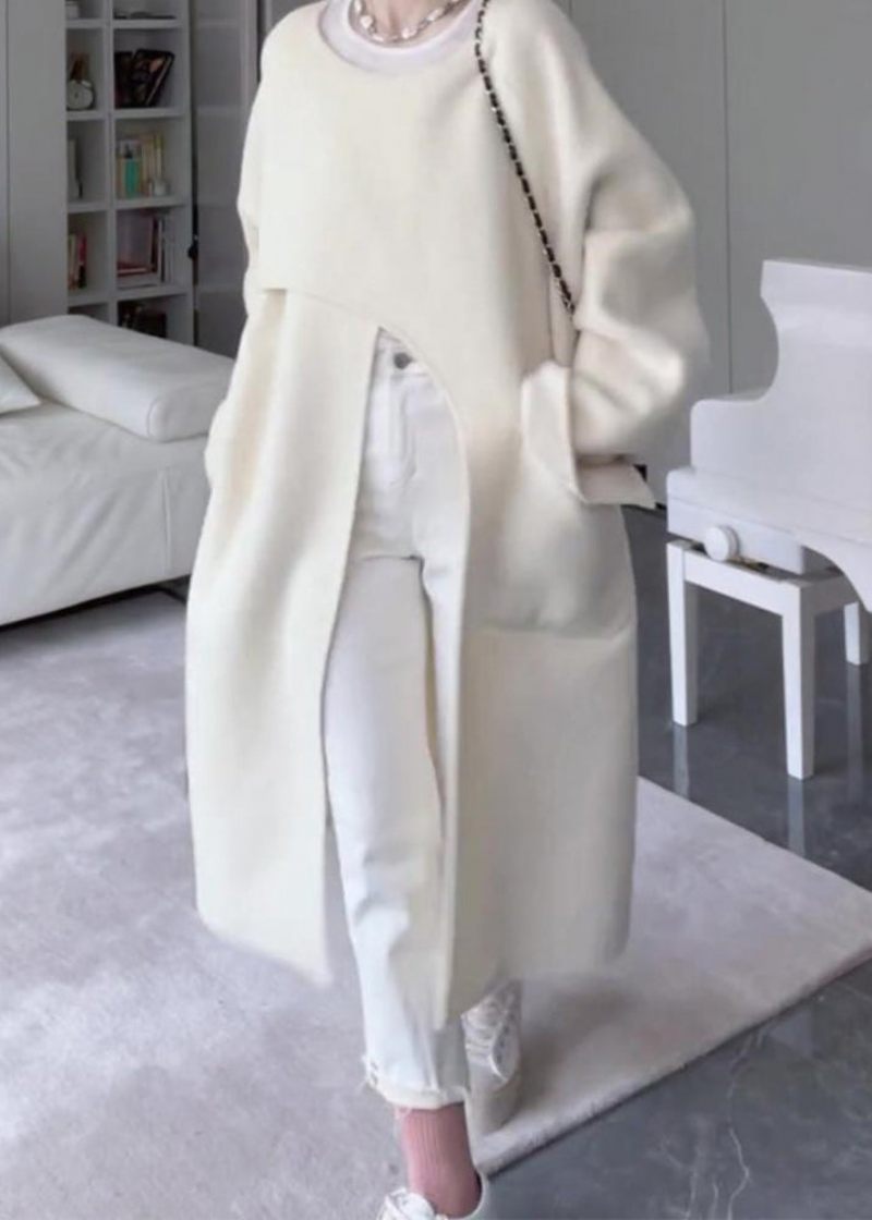 Italiensk Beige Asymmetriske Lommer Side Open Oversized Woolen Coat Spring - Dame uldfrakker