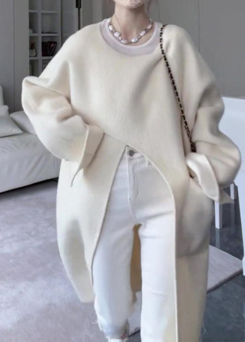 Italiensk Beige Asymmetriske Lommer Side Open Oversized Woolen Coat Spring - Dame uldfrakker