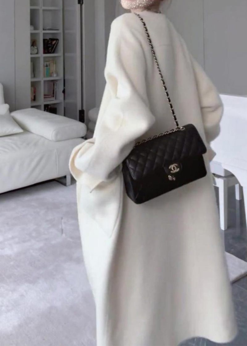 Italiensk Beige Asymmetriske Lommer Side Open Oversized Woolen Coat Spring - Dame uldfrakker