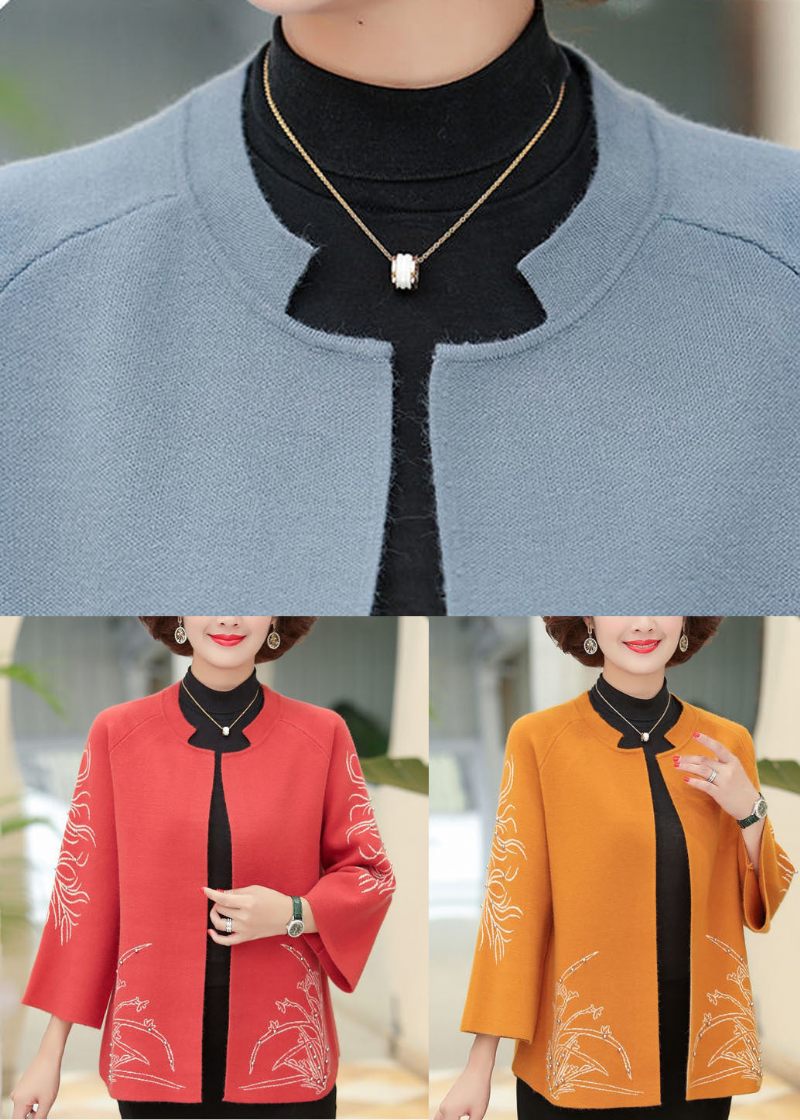 Klassisk Orange O-hals Broderet Negleperle Ulden Cardigan Langærmet - Orange