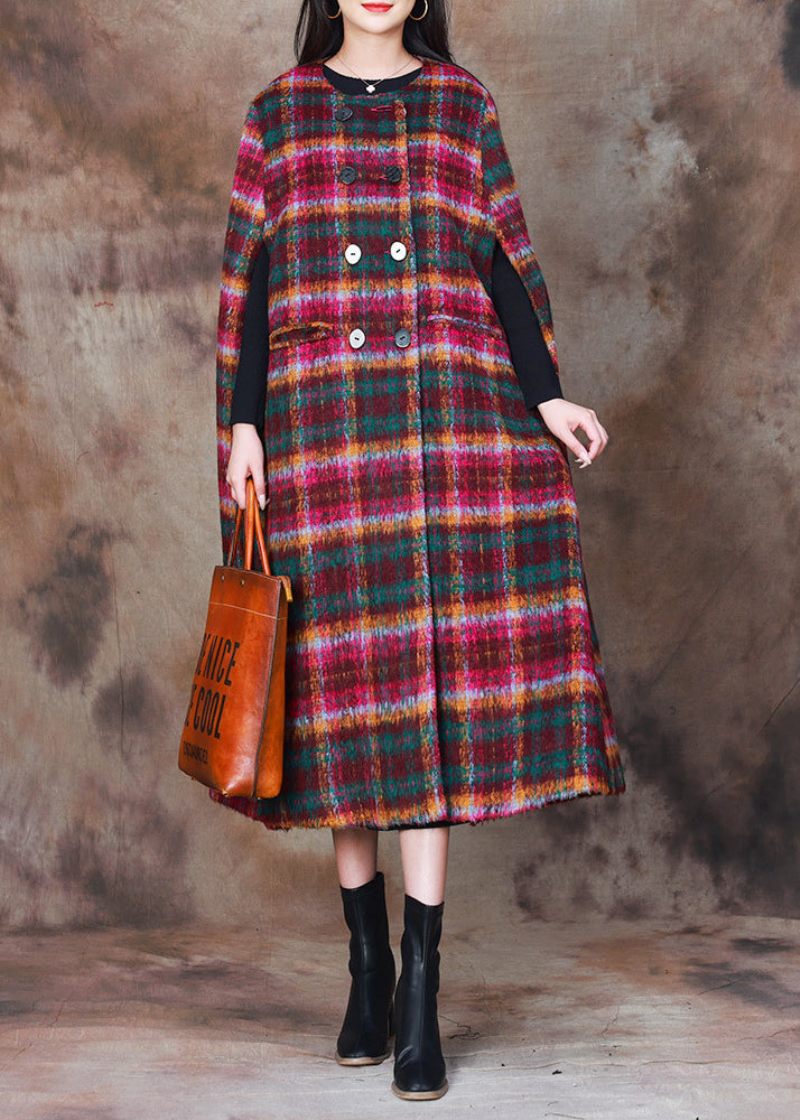 Klassisk Plaid O-hals Dobbelt Bryst Ulden Frakke Kappe Ærmer - Dame uldfrakker