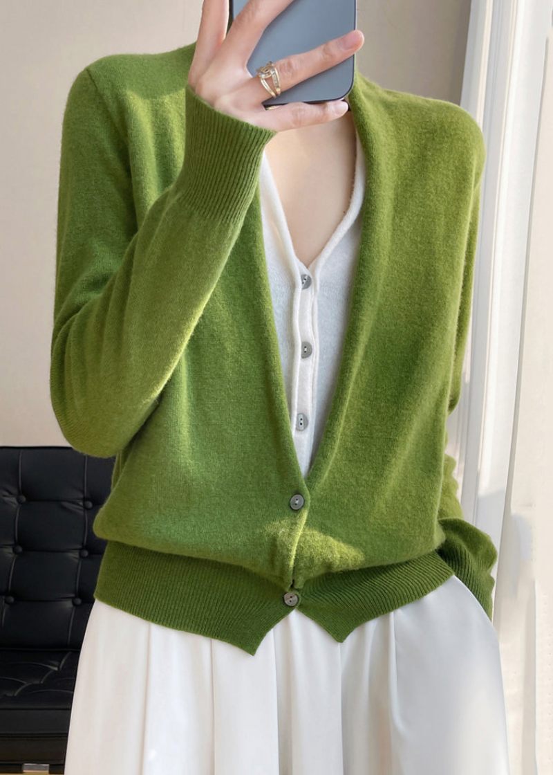 Kvinder Grøn V-hals Knap Patchwork Uldstrik Top Fall - Dame uldfrakker