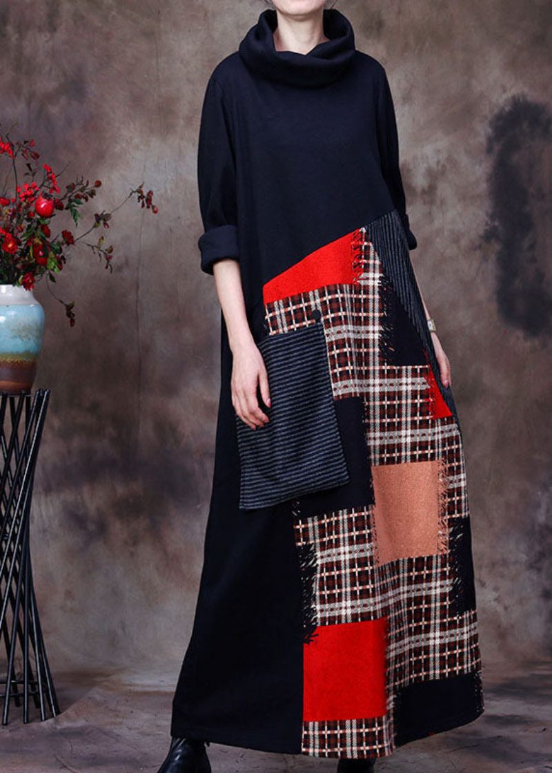 Kvinder Sort Turtle Neck Patchwork Ulden Kjole Forår - Dame uldfrakker