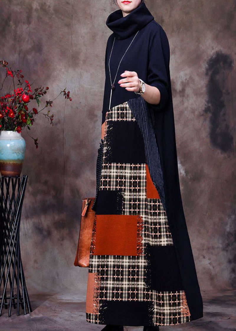 Kvinder Sort Turtle Neck Patchwork Ulden Kjole Forår - Dame uldfrakker