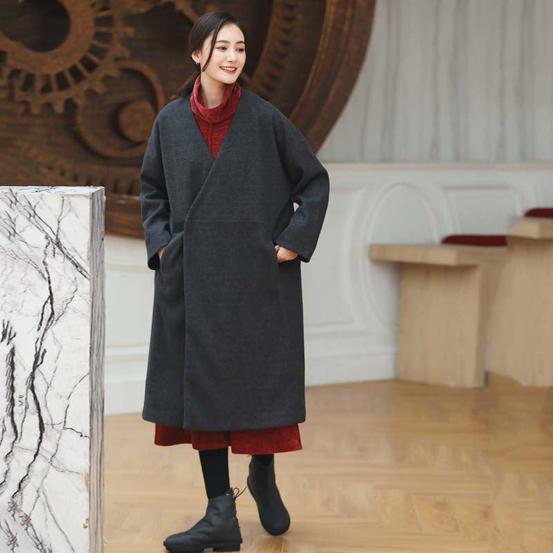 Kvinder Sorte Frakker Trendy Plus Size V-hals Outwear Vintage Baggy Lommer Uldjakker - Dame uldfrakker