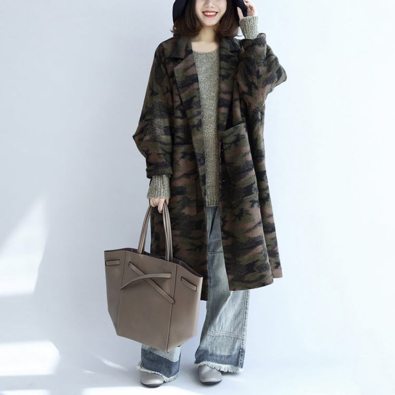Kvinder Sorte Frakker Trendy Plus Size V-hals Outwear Vintage Baggy Lommer Uldjakker - Dame uldfrakker