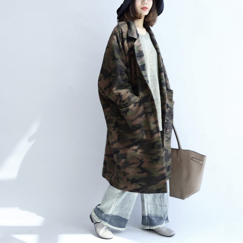 Kvinder Sorte Frakker Trendy Plus Size V-hals Outwear Vintage Baggy Lommer Uldjakker - Dame uldfrakker