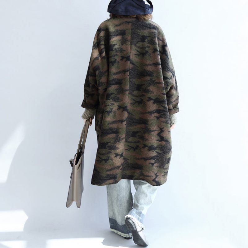 Kvinder Sorte Frakker Trendy Plus Size V-hals Outwear Vintage Baggy Lommer Uldjakker - Dame uldfrakker