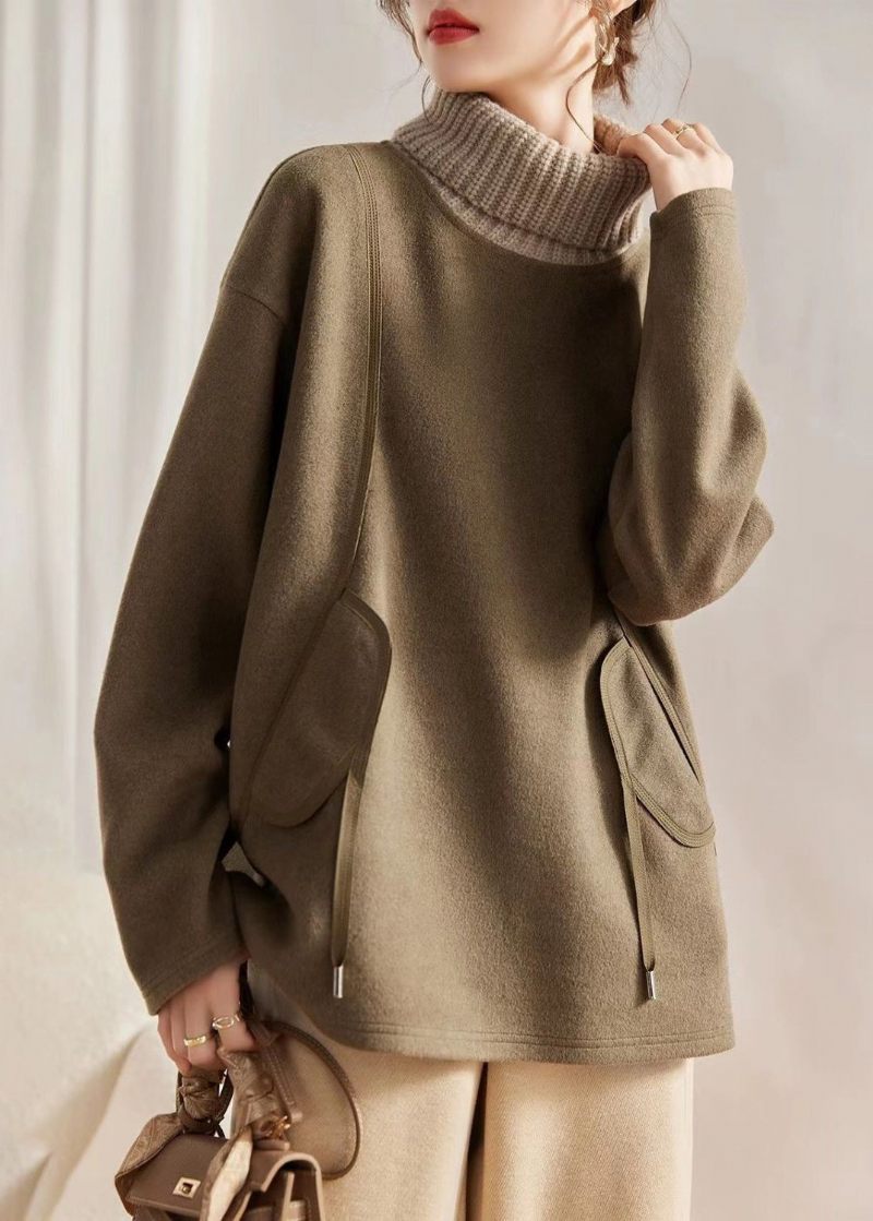 Løs Khaki Rullekrave Strik Patchwork Uld Sweatshirts Med Lange Ærmer - Dame uldfrakker