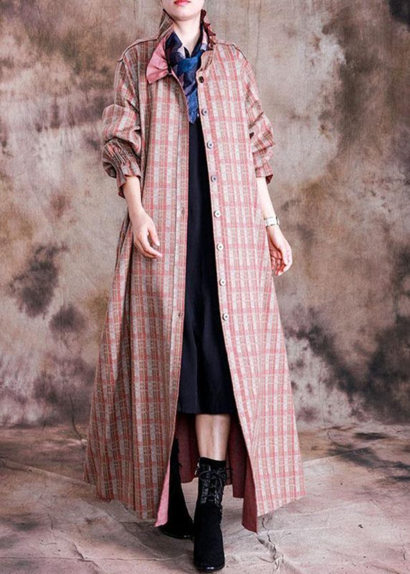 Luksus Røde Plaid Uldfrakker Trendy Plus Size Trenchcoat Efterår Cinched Frakke