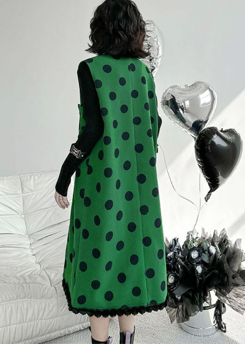 Moderne Grøn V-hals Patchwork Dot Print Ulden Lang Vest Ærmeløs - Dame uldfrakker