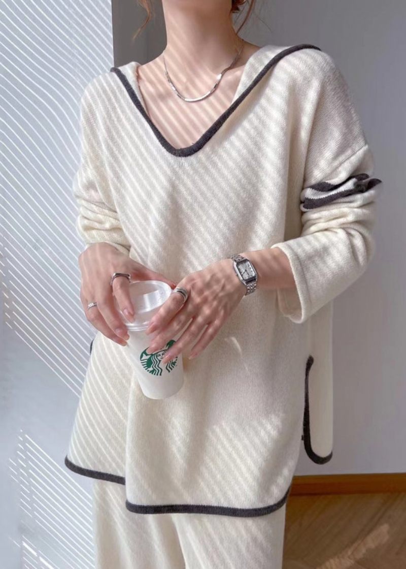 Moderne Hvid Hætte Patchwork Uld Sweater Toppe Efterår - Dame uldfrakker