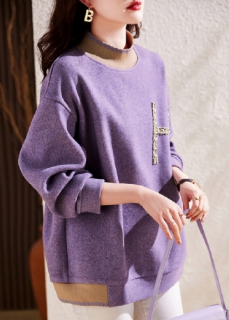 Moderne Lilla Halv Hign Neck Nail Bead Patchwork Ulden Pullover Sweatshirt Fall